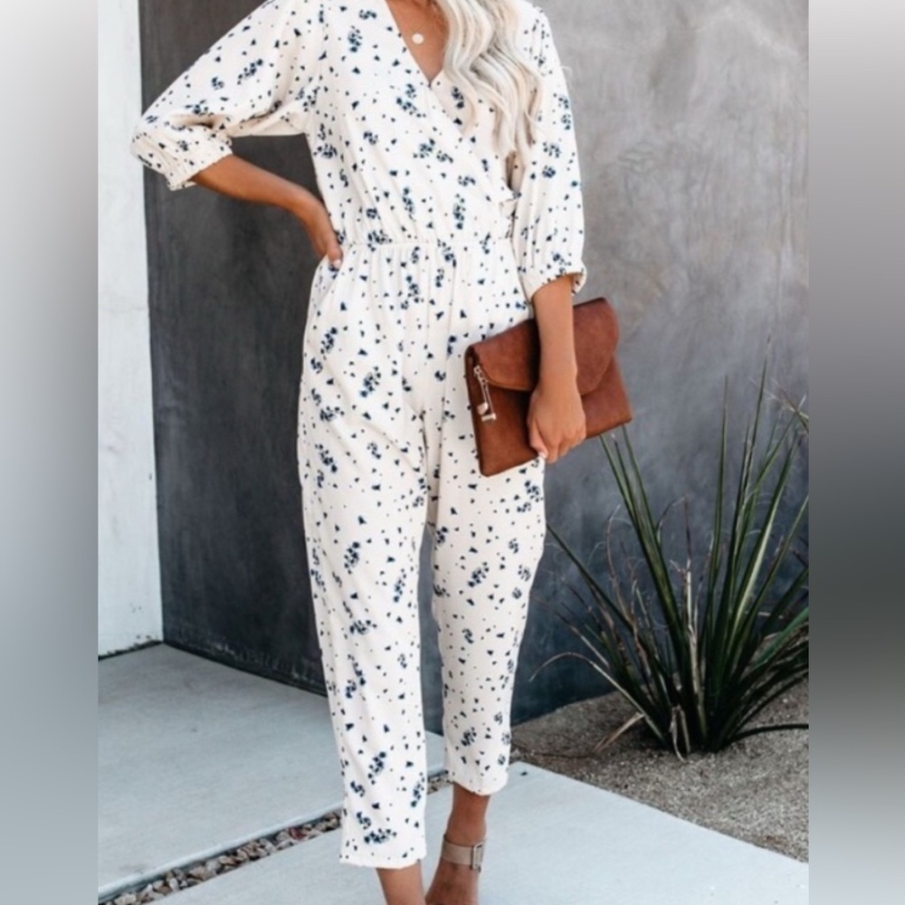Vici Blue and Cream Ditzy Floral Jumpsuit size medium